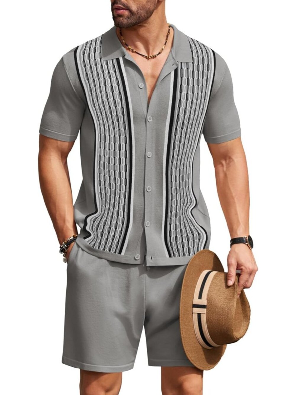 Coofandy Men's Grey Vintage Short Sleeve Button Down Knit Polo Shirts